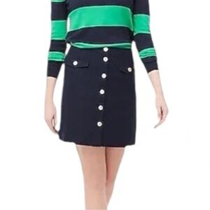 J Crew Factory Navy Blue Linen Blend A-Line Knee Length Button Pocket Skirt